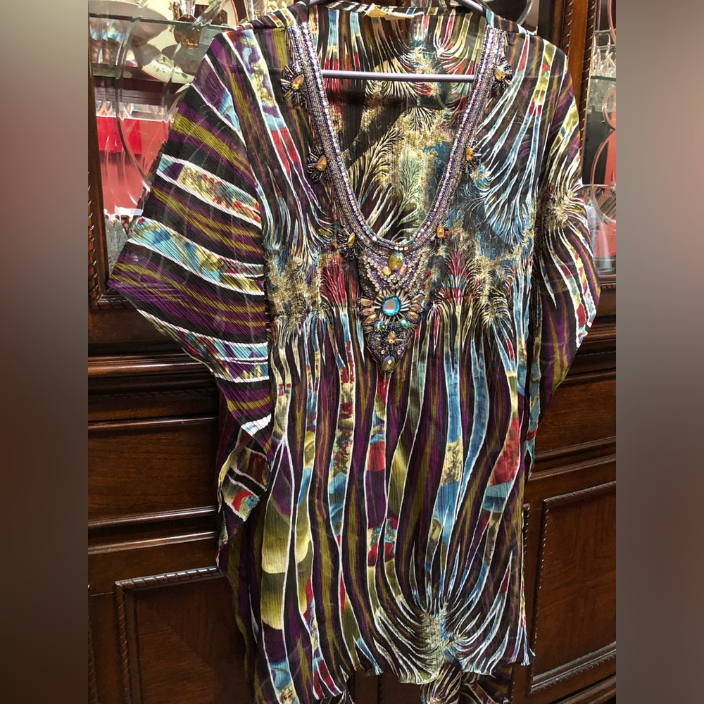 Beaded V-Neck Kimono  Cover UP